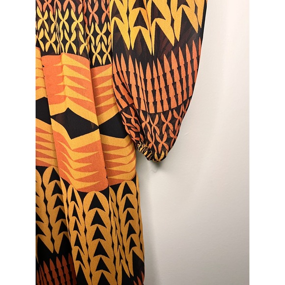 BCBG MAXAZRIA Geometric Print V Neck Long Sleeve Dress Size 6 Black Gold Orange - Picture 2 of 5